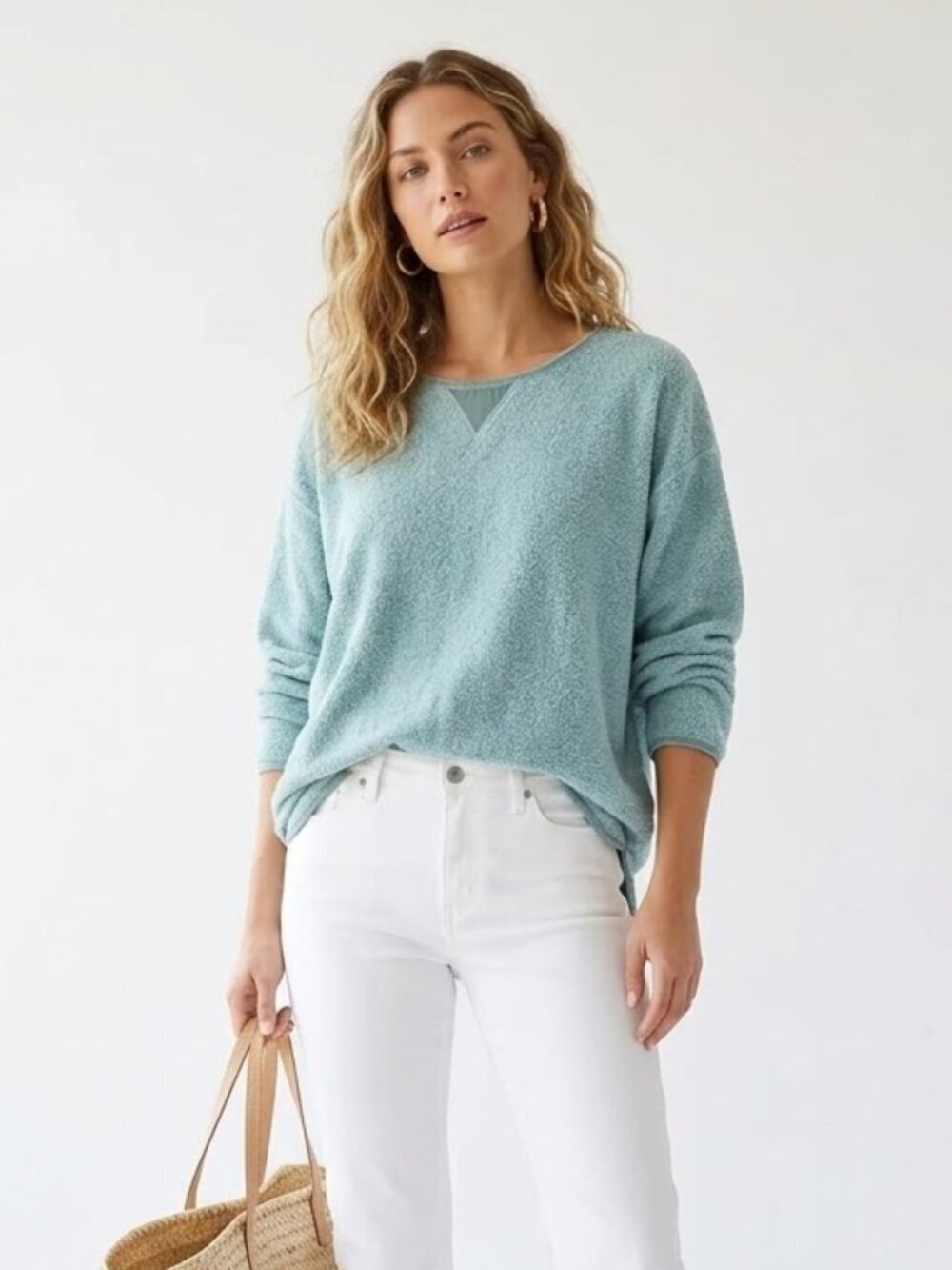 J. JILL Robin’s Egg Terry Cloth Velvet Trim Sweater Large